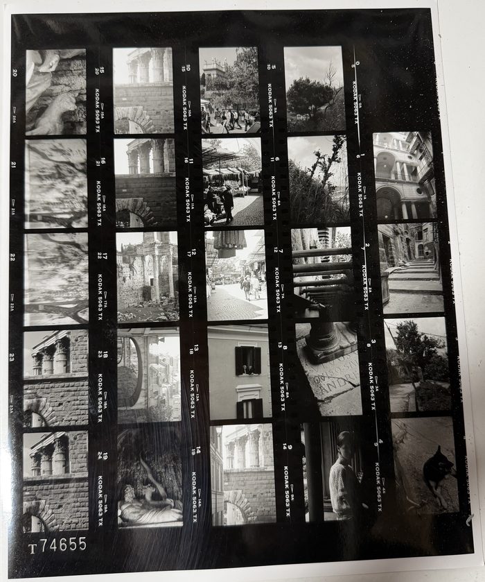 A full proof sheet of black and white photographs from Italy: markets, columns, stairways, a cat, a woman in a doorway