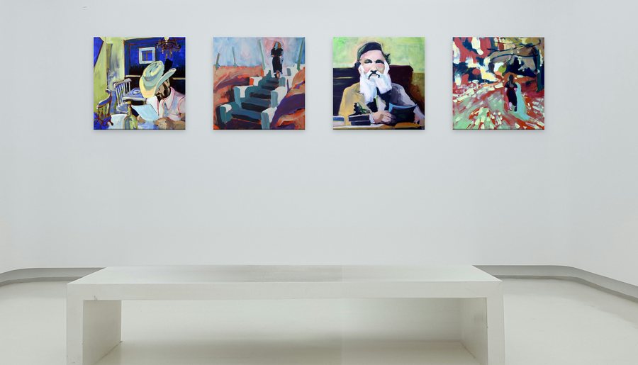 Digital mockup: Blue Cowboy, After the Thunder, The Last Postman, and Turn West hung in a row on a white gallery wall above a white bench